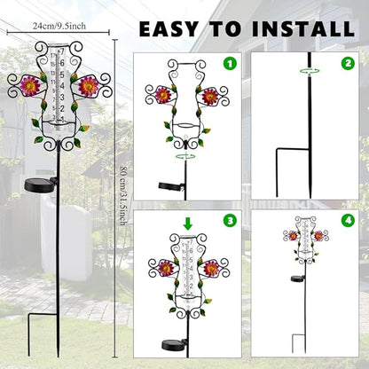 Rain Gauge Outdoor Solar Powered LED Lights Rain Gauge Color Changeable Decorative Water Gauge for Yard,Garden,Patio,Lawn