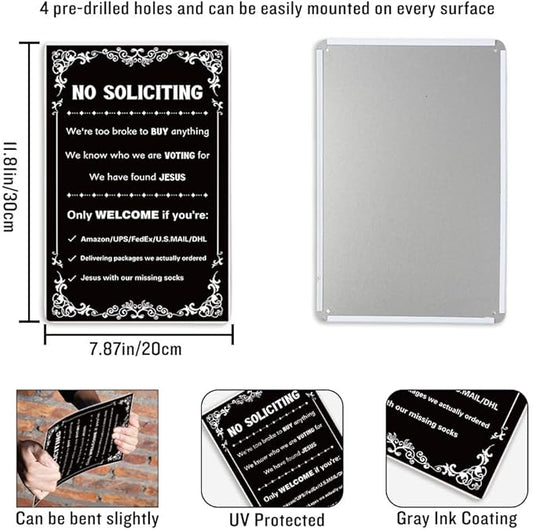 No Soliciting Sign For Front Door, No Soliciting Yard Sign 'We'Re Too Broke To Buy Anything' Metal Wall Art Signs for Outside, Funny Metal Signs For Door House Outside Decor 7.8 X 11.8 Inch