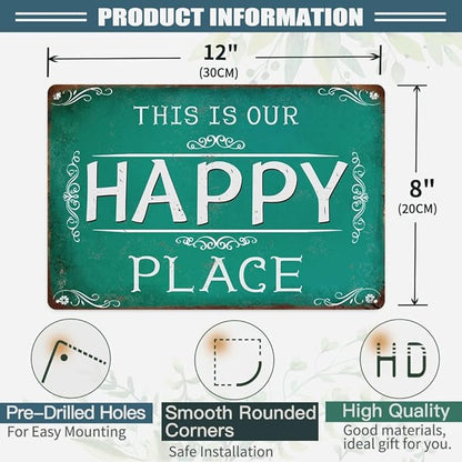 This is Our Happy Place Metal Tin Wall Sign Farmhouse Wall Decor Signs Porch Decor for Home Deck Outdoor Outside Door Fence 12x8 Inches