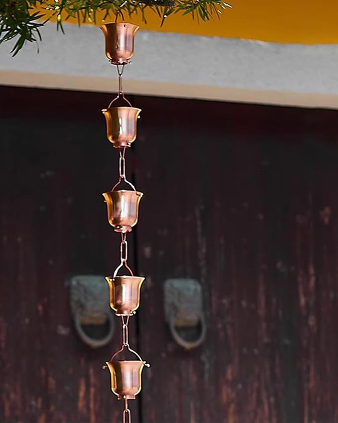 Elegant Copper Rain Chain Large Cup, Replacement Downspout for Gutters, Outside Rainwater Catcher Diverter for Villa/Deck/Pergola (Style F 2.6m (8.5ft))