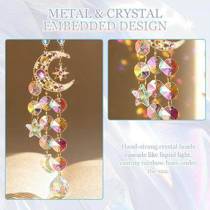 Crystal Sun Catchers for Windows, Gold-Plated Hanging Sun Catcher with Prisms - Rainbow Maker for Indoor Outdoor Garden Decor, Boho Light Catcher Gift for Home (Moon)