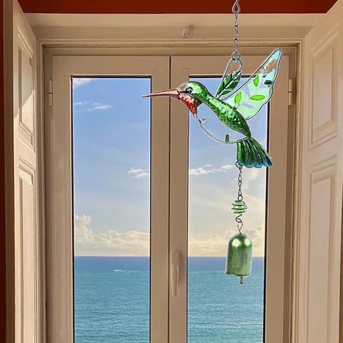 Hummingbird Decor with Bell, Hummingbird Wind Chimes, Hanging Bell Decorations for Yard, Garden, Home and Outdoor, Gift for Mom (Green)