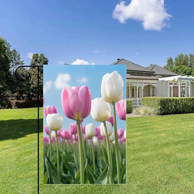 Gkyygk Tulips Flower Welcome Banners Garden Flag Pink White Double Sided 12x18 Inches Farmhouse Holiday Outside Decorations Burlap Yard Flag