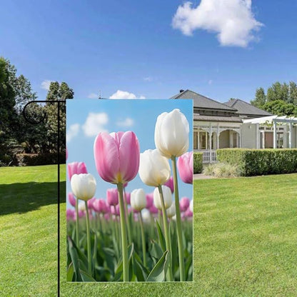 Gkyygk Tulips Flower Welcome Banners Garden Flag Pink White Double Sided 12x18 Inches Farmhouse Holiday Outside Decorations Burlap Yard Flag