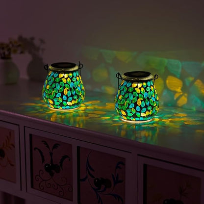 Starsoul Solar Lanterns Outdoor Waterproof, Unique Green Mosaic Glass Solar Garden Lights, Decorative Outdoor Lantern for Outside Patio Pathway Porch Yard Table