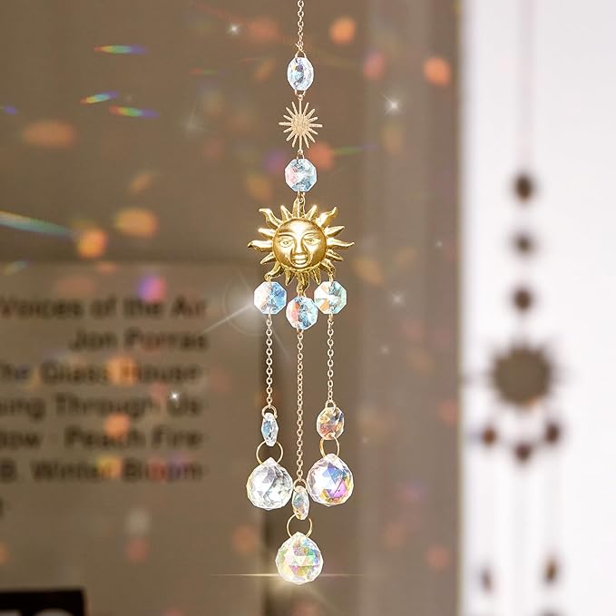 4PK Crystal Suncatcher for Windows Hanging Decor, Prism Sun Catcher with Chain and Hook, Rainbow Maker for Ceiling Garden Home Indoor Ornaments