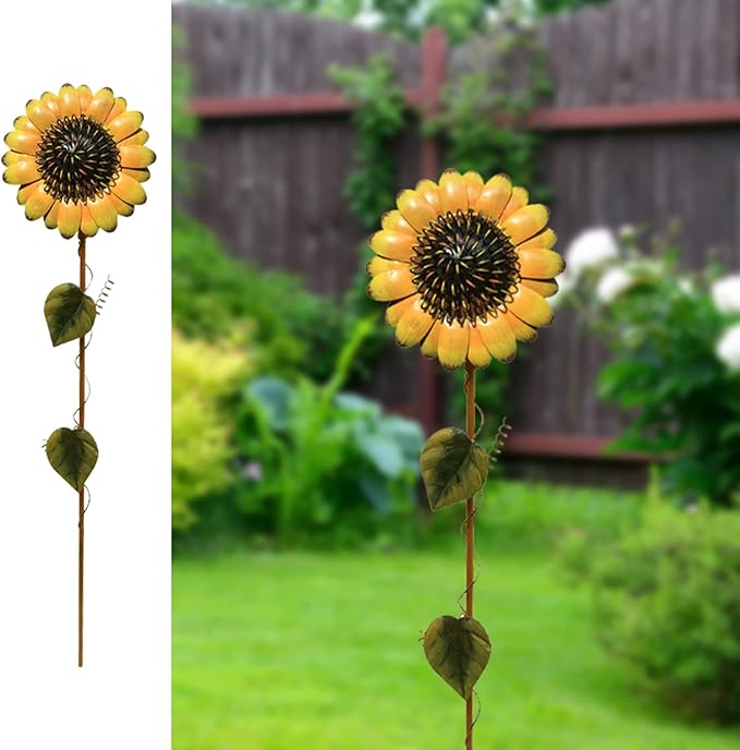 Metal Sunflower Garden Stakes Flower Yard Art Planter Stake Party Lawn Pathway Walkway Patio Decor Yard Sign Indoor Outdoor Decoration (22.5")