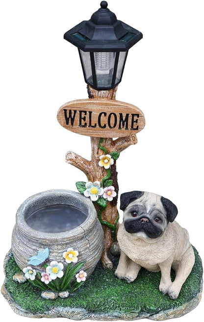 Solar Garden Statue with Planter & Solar Lantern, Outdoor Resin Animal Sculpture, Waterproof Yard Lawn Decor Pot for Succulents, Front Porch Ornament Housewarming Gift (Pug)