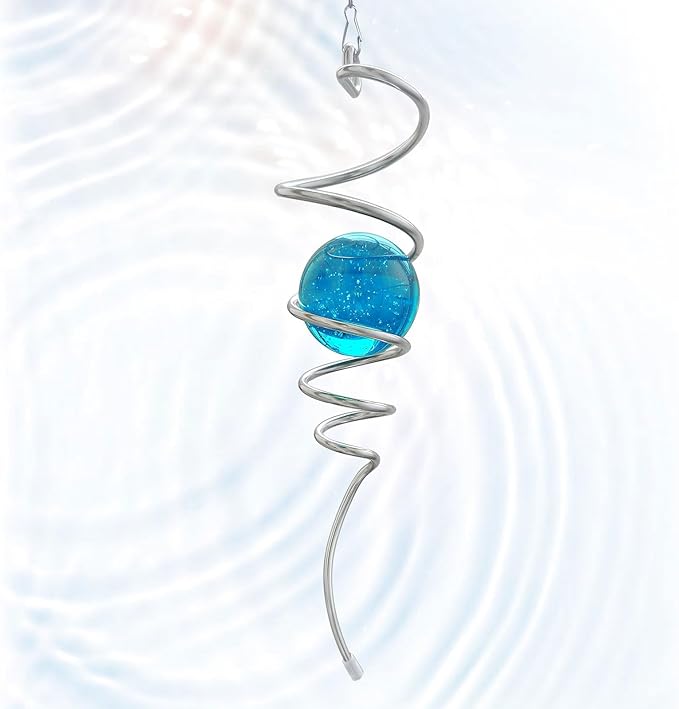 Gazing Ball Wind Spinner Spiral Tail with Blue Glass Orb | Creates Captivating Visual Illusion in Spinning, 13In Wind Spinners Stabilizer | Hanging Rotating Art Outdoor Garden Decor & Gift