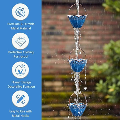 Lotus Rain Chains for Gutters, 8.2 FT Rain Chain with 10 Cups, Adjustable Rain Catcher Chain for Outside, Replacement Downspout for Gutters, Eaves, Drainage