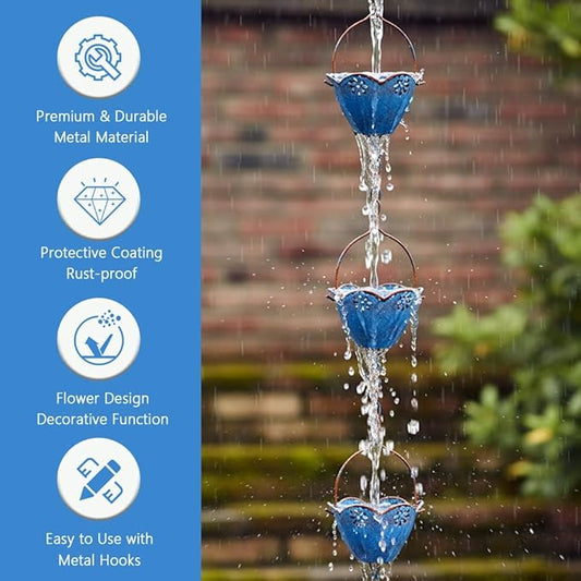 Lotus Rain Chains for Gutters, 8.2 FT Rain Chain with 10 Cups, Adjustable Rain Catcher Chain for Outside, Replacement Downspout for Gutters, Eaves, Drainage