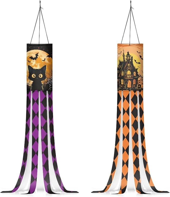 Jeiento Halloween Night Castle Windsock for Outside 40 Inch Windsock Flag with Hook Recycle 2 PackGarden Wind Socks for Holiday Party Home Yard Outdoor Decor Party Supplies