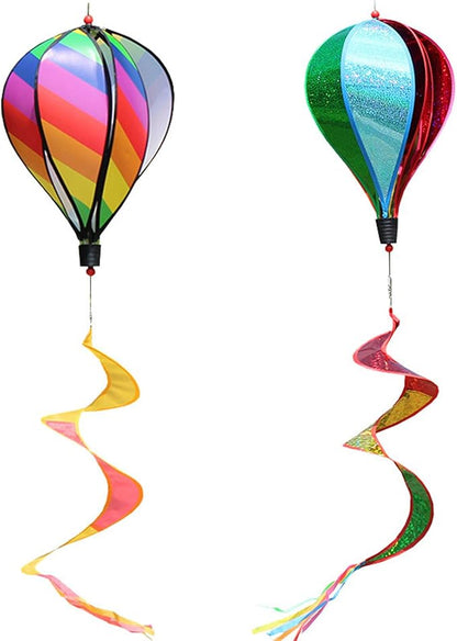 Hot Air Balloon Windmill Spinner Rainbow Windsock Includes Curlie Tail and Colorful Kinetic Hanging Decoration for Garden Yard Outdoor Decor Toy - 3Pack