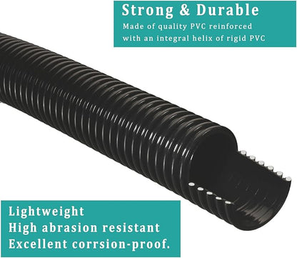 Pond Tubing ID 1 1/4” × 50ft Black Corrugated Flexible Reinforced Waterfall Pond Tube Sump Pump Hose, Non-toxic & Kinkproof (50 ft, 1 1/4" ID)