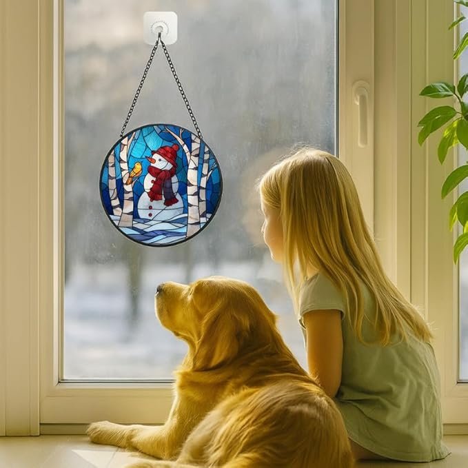 Stained Glass Window Hanging - Christmas Snowman & Bird on Birch Tree Branch Sun Catchers Panel for Indoor Decorative Display for Mom, Wife, Lovers, Festive