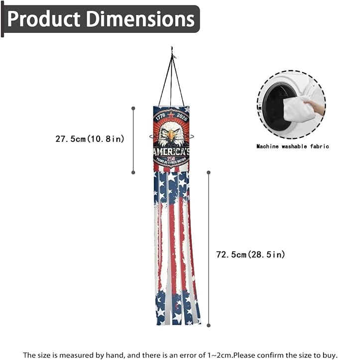 Jeiento 40Inch US Flag with Eagle Windsock Flag 2 Pack American Flag Wind Socks Independence Day Outdoor Hanging Decoration Celebrate 250 Years Anniversary Windsock for Garden/Yard/Tree,Spring Decor