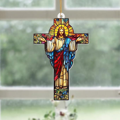 Stained Glass Jesus Cross Car Hanging Ornament – Acrylic Rearview Mirror Charm, Christian Cross Sun Catcher for Car or Home, Inspirational Religious Gift for Men & Women(Sun-29)