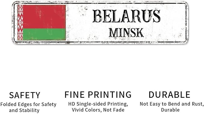 Personalized Belarus Street Sign Belarus Flag Signs Capital City of Belarus Metal Sign Road Vintage Metal Rustic Wall Art Country City Indoor & Outdoor Decor for Home Man Cave Door Porch 24x6in