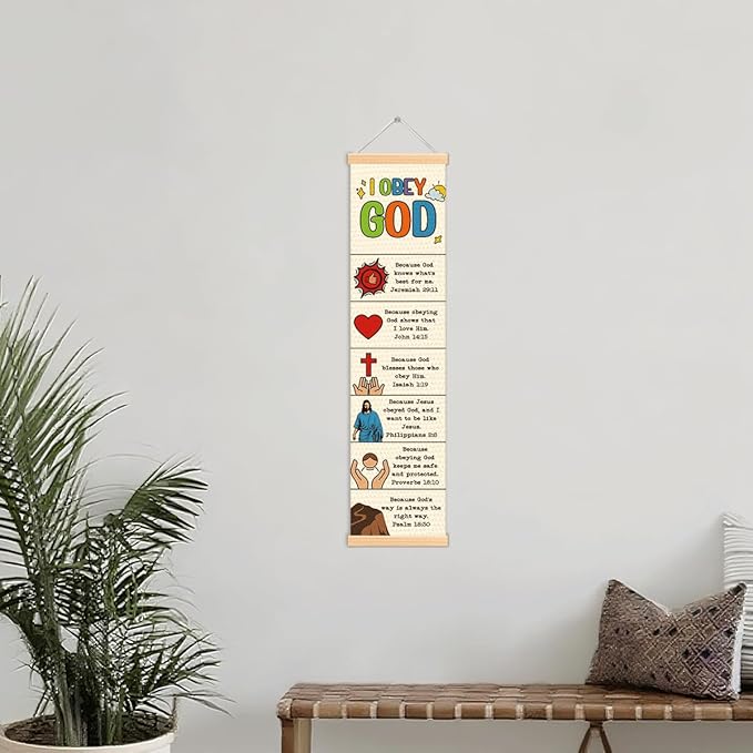 Rustic Canvas Hanging Banner, I Obey God Poster, Bible Story Poster, Wall Decor Art, Religious Artwork Banner Gift for Kids, Family Hanging of Scripture and Words Decorations 11