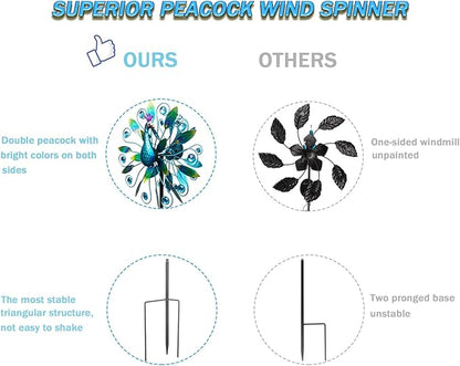 Outdoor Wind Spinner 58" Metal Peacock Wind Spinner Double Peacock Wind Sculpture for Garden Yard Patio Decoration