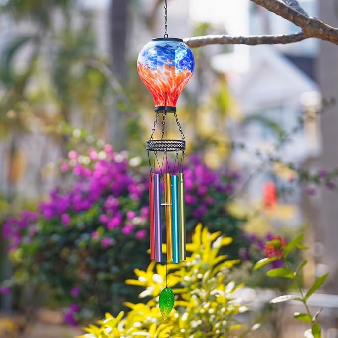 Starsoul Solar Wind Chimes for Outside, Colorful Hot Air Balloon Wind Chime with Flickering Flame, Outdoor Glass Windchimes Garden Decor, Gift for Mother's Day