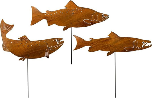 Swimming Salmon Garden Stake Set of 3, Made in USA, Rusty Steel, Real Rust Finish (Large)