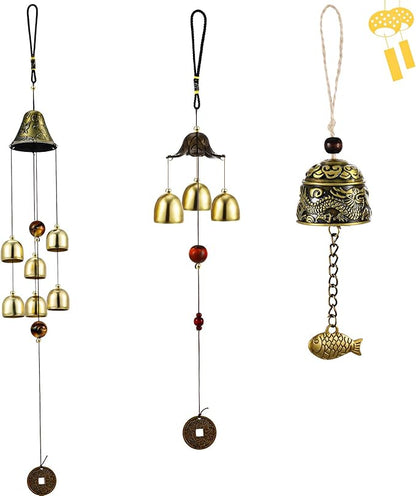 Jetec 3 Pcs Feng Shui Wind Chimes Chinese Bells Hanging Metal Bell Vintage Dragon Fish Feng Shui Chime and 3, 6 Bells Wind Chime for Good Luck Indoor Outdoor Temple Home Garden Decoration