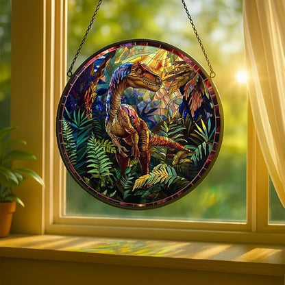Stained Glass Window Hanging - Raptor Dinosaur in Jungle Scene Sun Catchers Indoor Stained Glass Panels Wall Decor for Mom Wife Lovers Festive