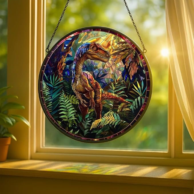 Stained Glass Window Hanging - Raptor Dinosaur in Jungle Scene Sun Catchers Indoor Stained Glass Panels Wall Decor for Mom Wife Lovers Festive
