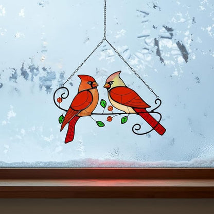 Cardinal Bird Stained Glass Window Hanging, Sun Catchers Indoor Panel, Nautical Suncatcher Decor for Home, Wall, Garden, Coastal Ornament, Gift for Women and Mom