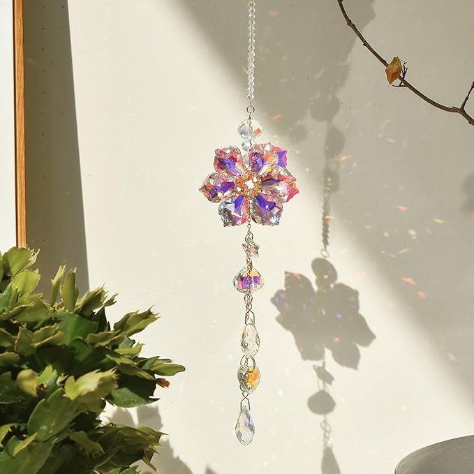 Crystal Flower Sun Catcher, Hanging Sunlight Catcher, Sun Catcher Crystals, Hanging Crystals for Decoration, Window Decoration, Birthday Gift (Pink)
