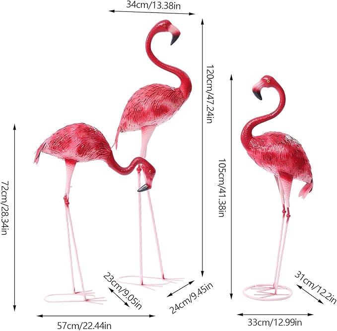 Outdoor Flamingo Garden Statues Set of 1/2/3, Metal Lawn Art Decorations with Rustproof Iron, Lifelike Tropical Bird Sculpture for Yard Patio Terrace Wedding Birthday Gift