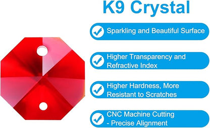 PATIKIL K9 Crystal Octagon Beads 2 Holes Pendants, 60 Pack 14mm Chandelier Prisms Parts Ornaments Hanging Beads for DIY Arts Crafts Decoration, Red