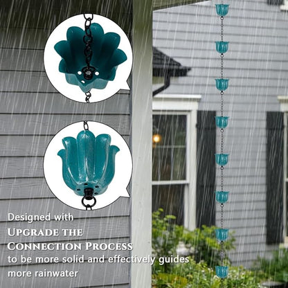 8ft Rain Chains for Gutters, Lotus Rain Chain with 10-Cup, Adjustable Rain Catcher Chain with Bell, Replacement Downspout for Gutters, Eaves, Drainage