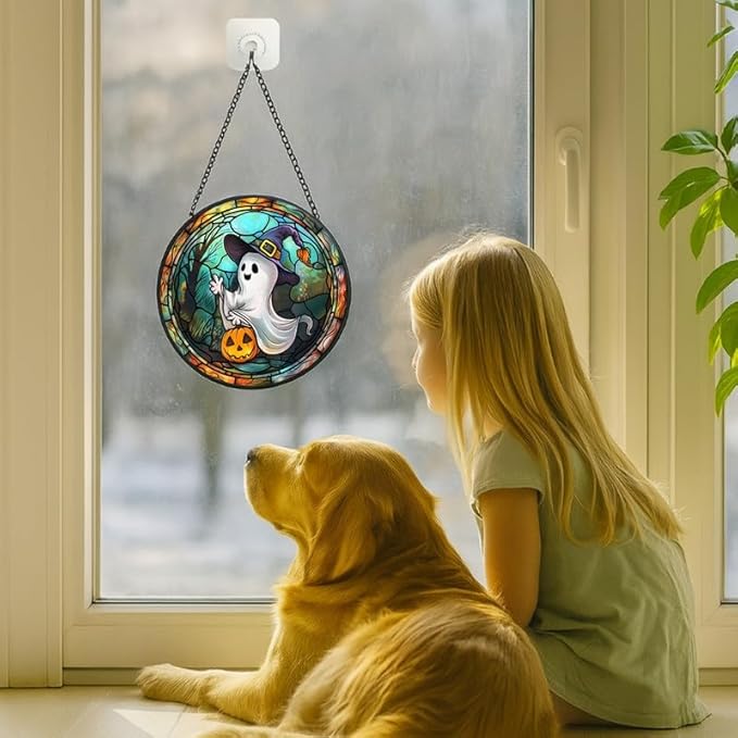 Stained Glass Window Hanging Halloween Ghost with Pumpkin 7.8in Sun Catchers Panel for Indoor Decorative Display for Mom Wife Lovers Festive
