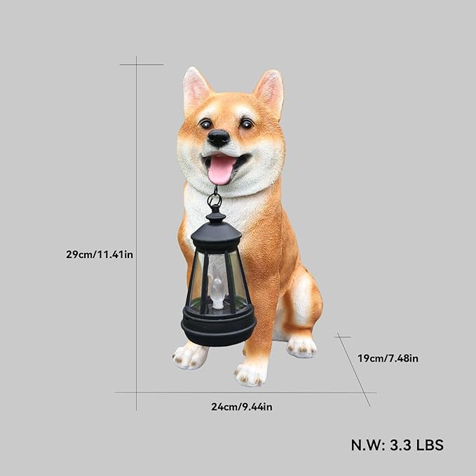 Akita Dog Garden Statue with Solar Lantern, Outdoor Resin Puppy Animal Sculpture with Double-Sided Sign (Welcome & On Patrol), Waterproof Lawn Yard Porch Patio Decor, Dog Lover Gifts, 11.4"