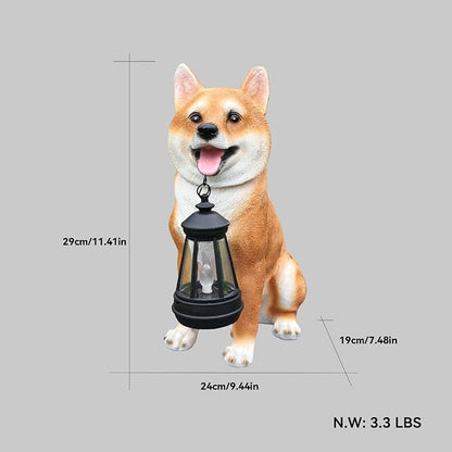 Akita Dog Garden Statue with Solar Lantern, Outdoor Resin Puppy Animal Sculpture with Double-Sided Sign (Welcome & On Patrol), Waterproof Lawn Yard Porch Patio Decor, Dog Lover Gifts, 11.4"