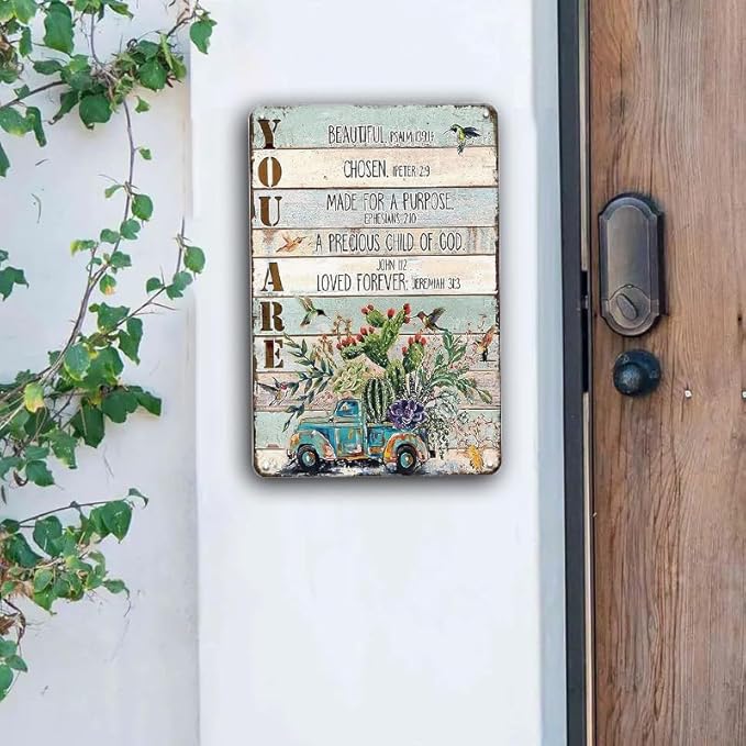YOYI ART Bible Blessed Signs for Home Decor - Garden Patio Signs for Outside, Cactus Car Bird Vintage Metal Tin Signs for Backyard, Patio, Front Door, Porch, Farm House Wall Art Decor Art, 8 x 12 inch