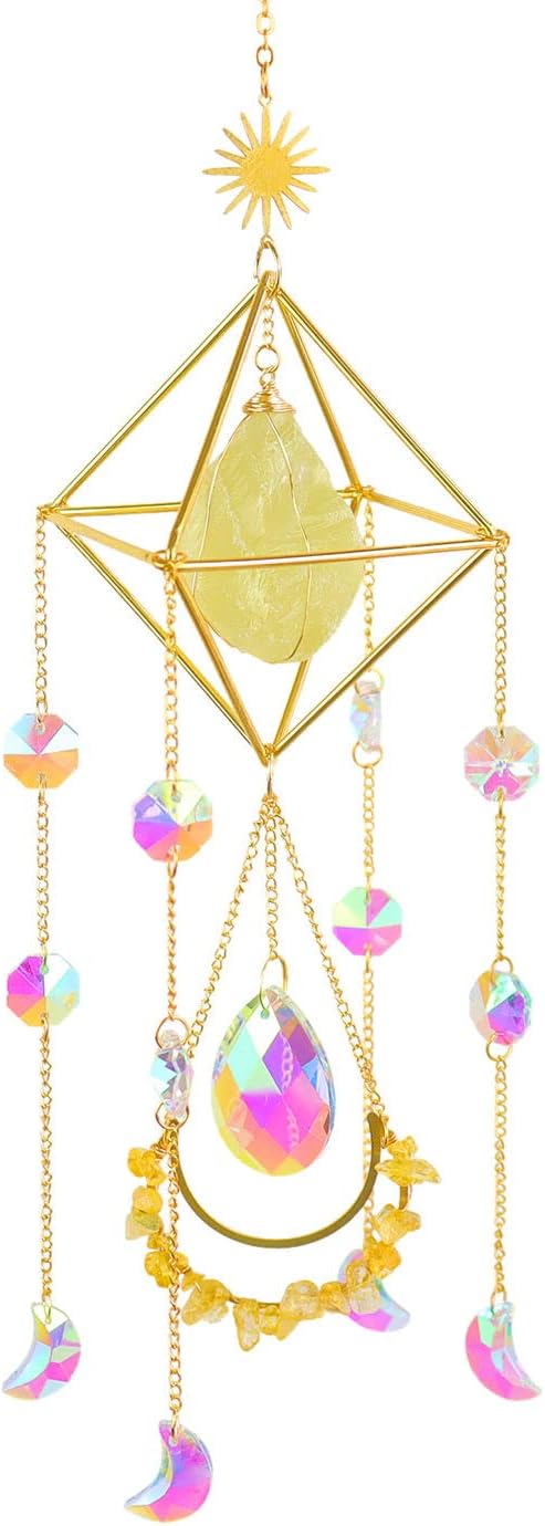 Citrine Crystal Suncatchers Boho Decor, Valentine's Day Gift for Her, Light Catcher Stone, Glass Rainbow Maker, Crystal Window Hanging, Natural Gemstone (Citrine)