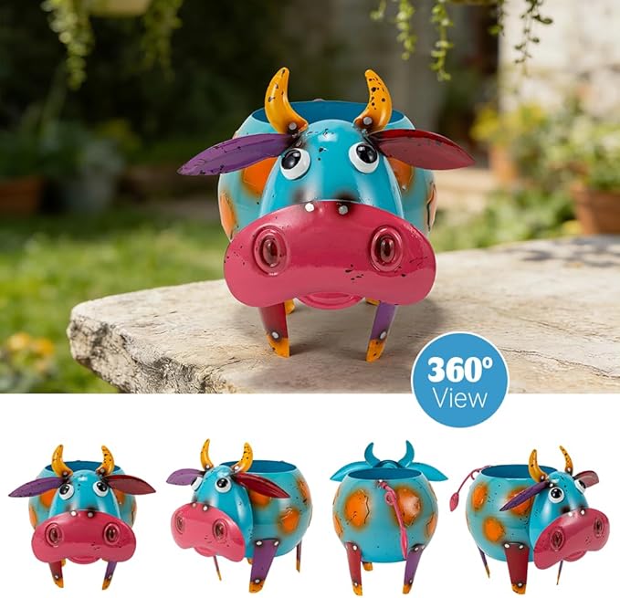 Oak & Lore Colorful Metal Cow Garden Statues, Cartoon Cow Outdoor Garden Sculptures & Statues with Planters Art Decor for Patio, Lawn, Yard, Balcony