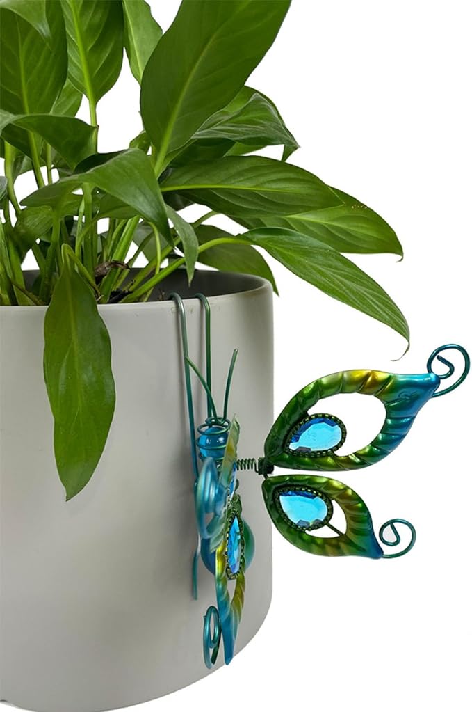Metal Butterfly Flower Pot Huggers Gorgeous Butterfly Dragonfly Planter Hanging Figurines with Artificial Gemstones in the Wings 6 Inch Iron Insect Garden Art Sculptures Hanger Ornaments (B)