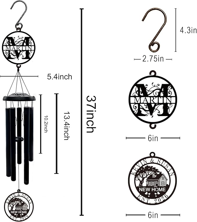 Personalized New Home Wind Chimes, 37" Large Deep Tone Wind Chime with Custom Name & Initial Metal Sign, Housewarming Gift for New Homeowners Couples, Established Date, Outdoor Garden Patio Decor