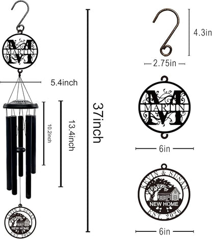 Personalized New Home Wind Chimes, 37" Large Deep Tone Wind Chime with Custom Name & Initial Metal Sign, Housewarming Gift for New Homeowners Couples, Established Date, Outdoor Garden Patio Decor