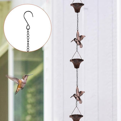 NQEUEPN Bird Rain Catcher Chain, 8.53ft Metal Hummingbird Rain Chain Bell, Outside Decorative Downspout Chain Rainwater, Cup Wind Chime Outdoor Gutter Rainchain Decor for Terraces, Villas, Courtyards