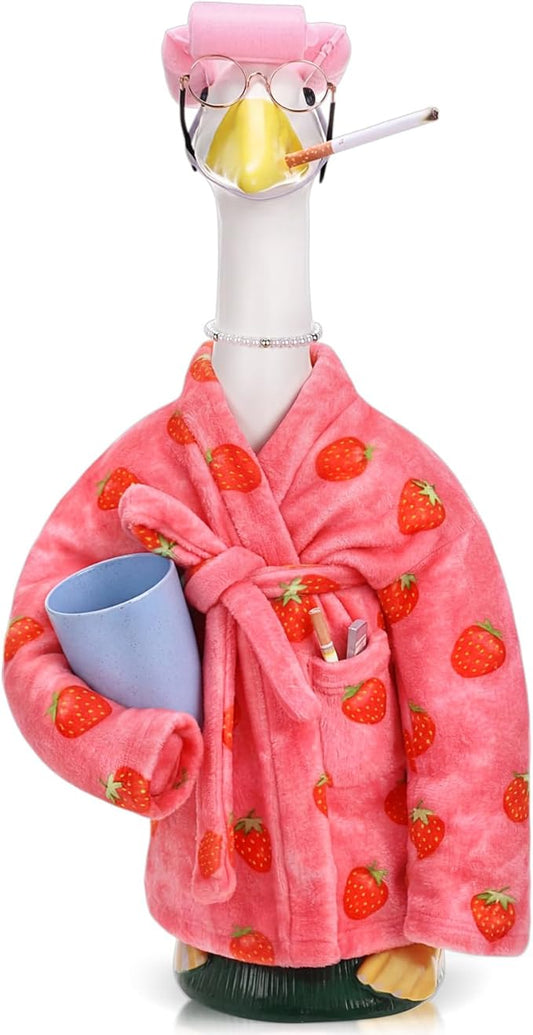 Porch Goose Statue Outfits Set Porch Goose Clothes with Bathrobe Curlers Costumes for 23" Plastic Statue Patio Yard Garden Lawn Outdoor Decoration(Pink, Strawberry)