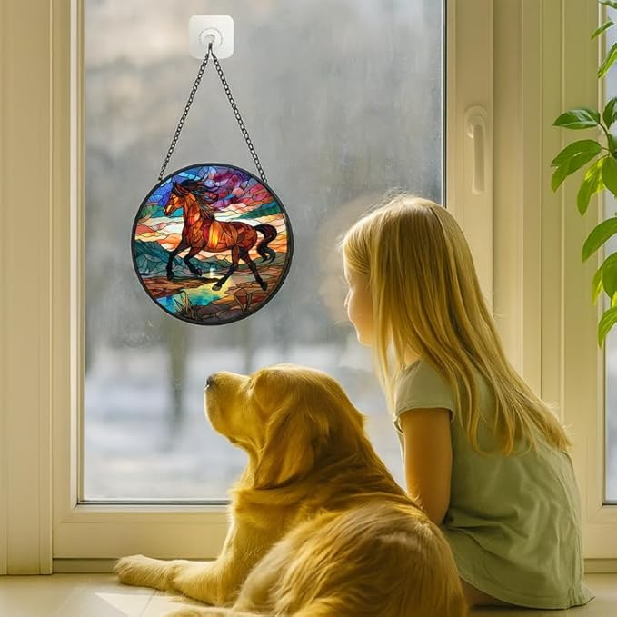 Stained Glass Window Hanging Running Horse 9.8in Sun Catchers Panel for Indoor Decorative Display for Mom Wife Lovers Festive