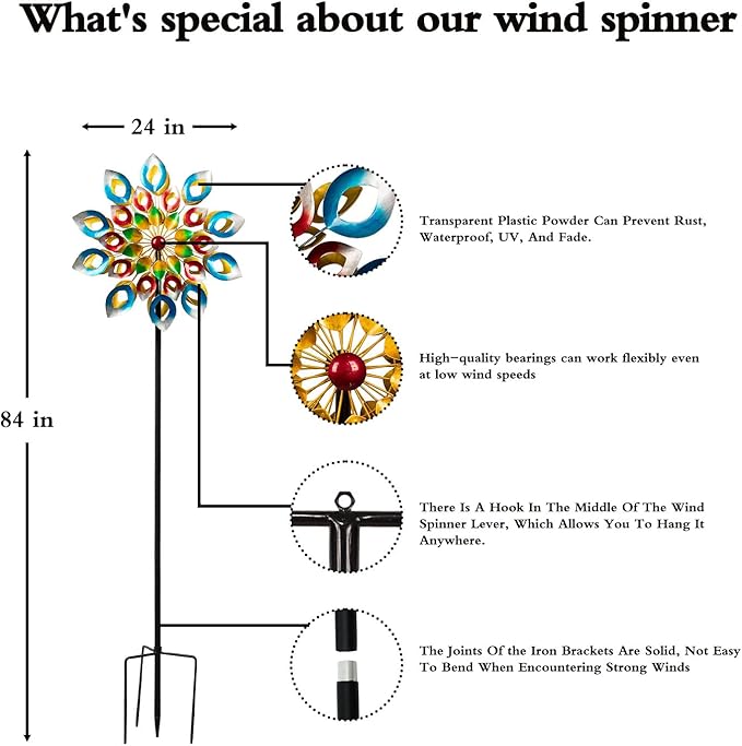 Pure Echo Metal Wind Spinner, 84 inch Large Outdoor Wind Spinners for Yard and Garden, Colorful Decor, Gift for Family Friends