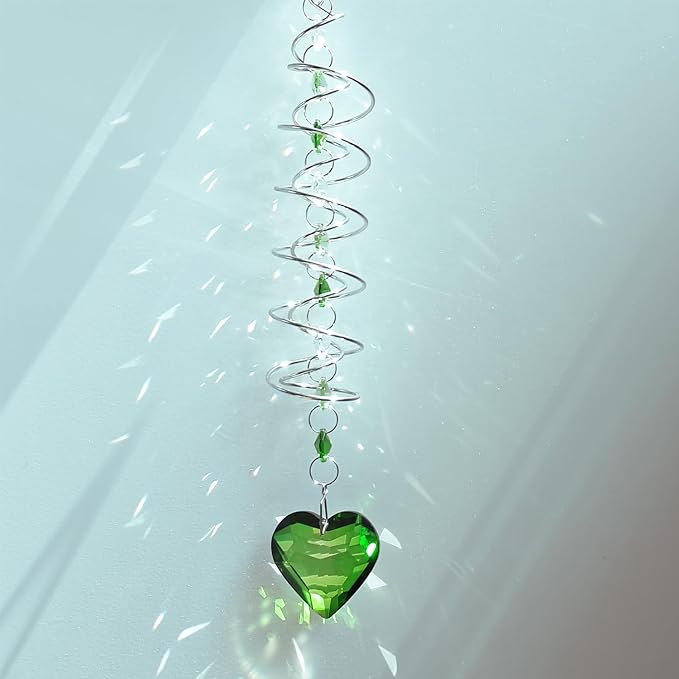 Big Heart Crystal Sun Catchers for Windows Hanging, Double-Spiral Design Gazing Ball Spiral Tail, Rainbow Maker Prism, Sun Catchers Indoor Window for Kitchen, Patio, Porch, Garden(Green)