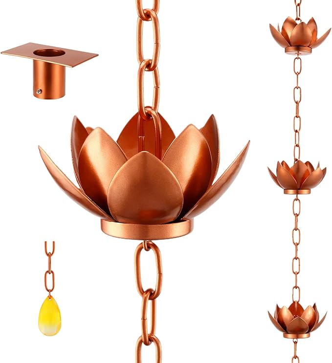 Oak Leaf Rain Chain with Adapter, 8.5ft Adjustable Lotus Rain Catcher Chain for Gutters Outside Downspout, for Divert Water and Home Display, Copper Powder Coated