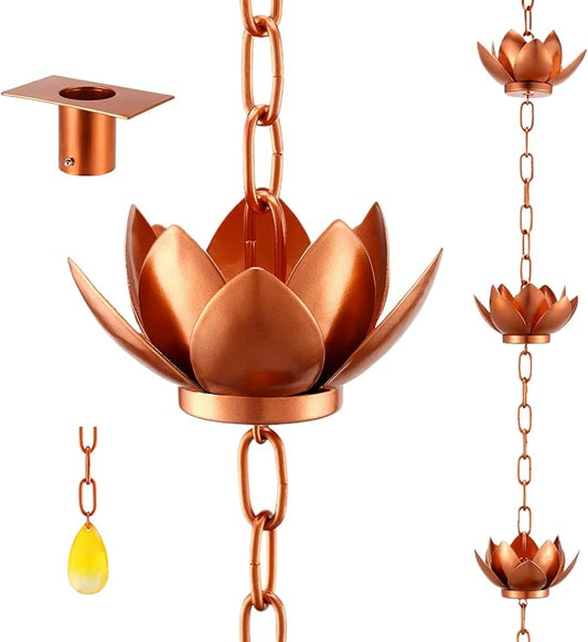 Oak Leaf Rain Chain with Adapter, 8.5ft Adjustable Lotus Rain Catcher Chain for Gutters Outside Downspout, for Divert Water and Home Display, Copper Powder Coated